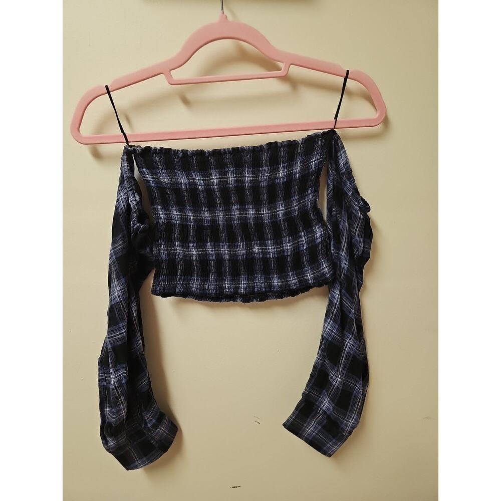 Cotton Candy Off Shoulder Navy Plaid Ruched Blouse Size M